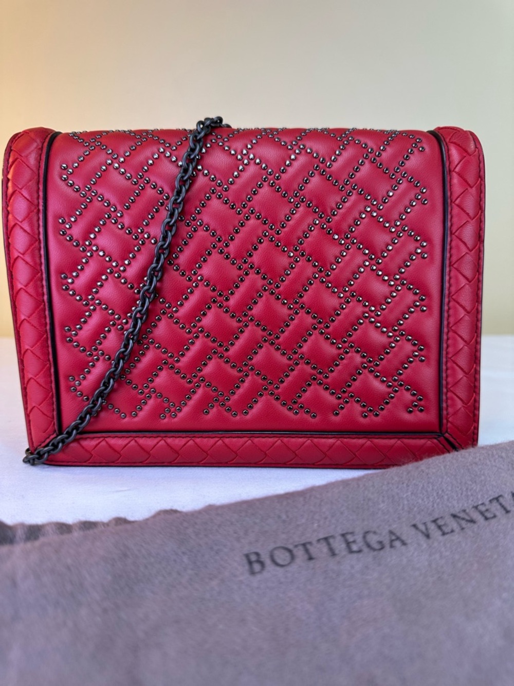 Bottega Veneta China Red Napa Intrecciato Microstud Montebello Crossbody w/ COA
